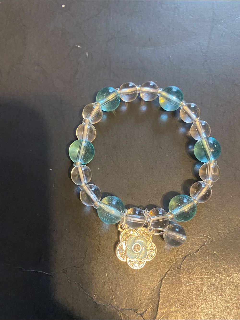 Gold Charm Clear and Teal Beaded Stretch Bracelet